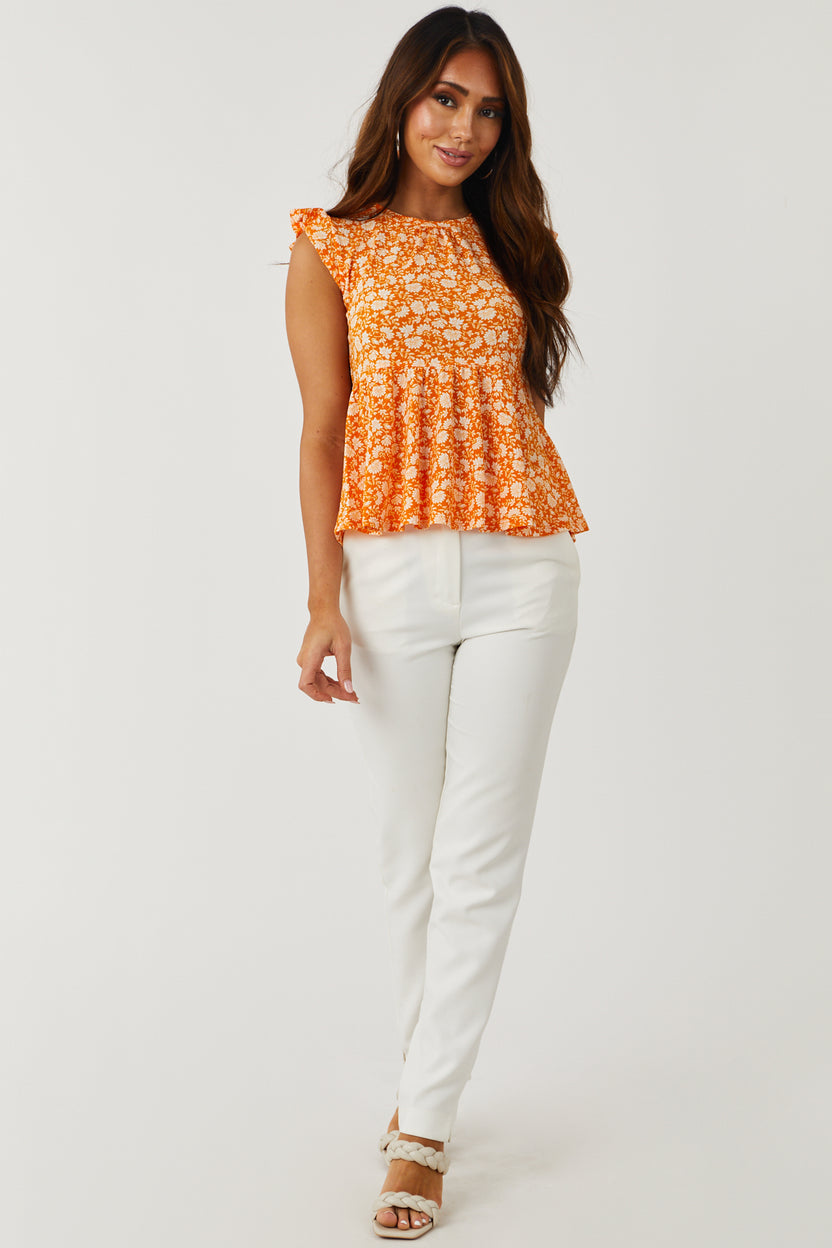 Tangerine Floral Print Cap Sleeve Peplum Top