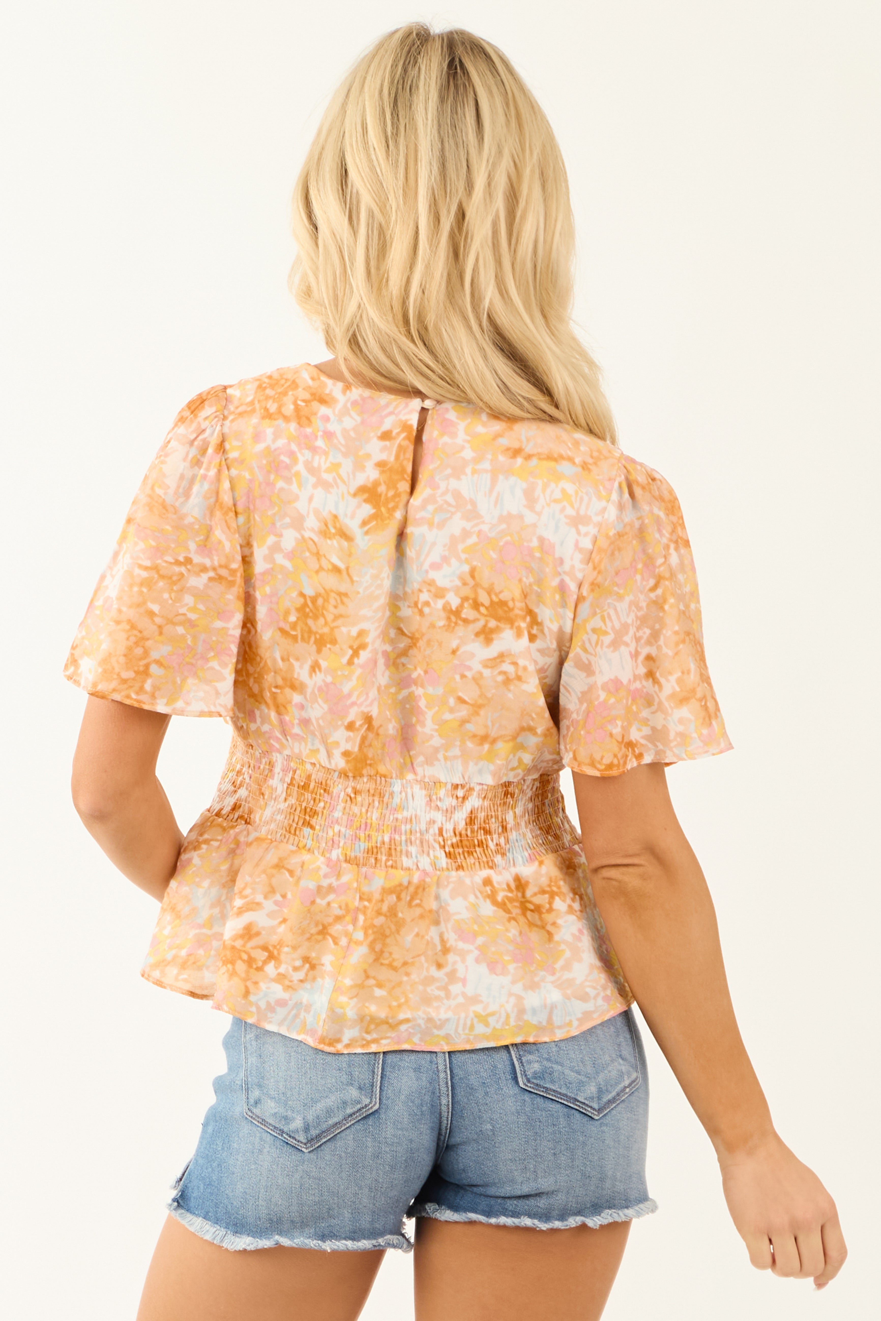 Tangerine Floral Print Short Flutter Sleeve Peplum Top