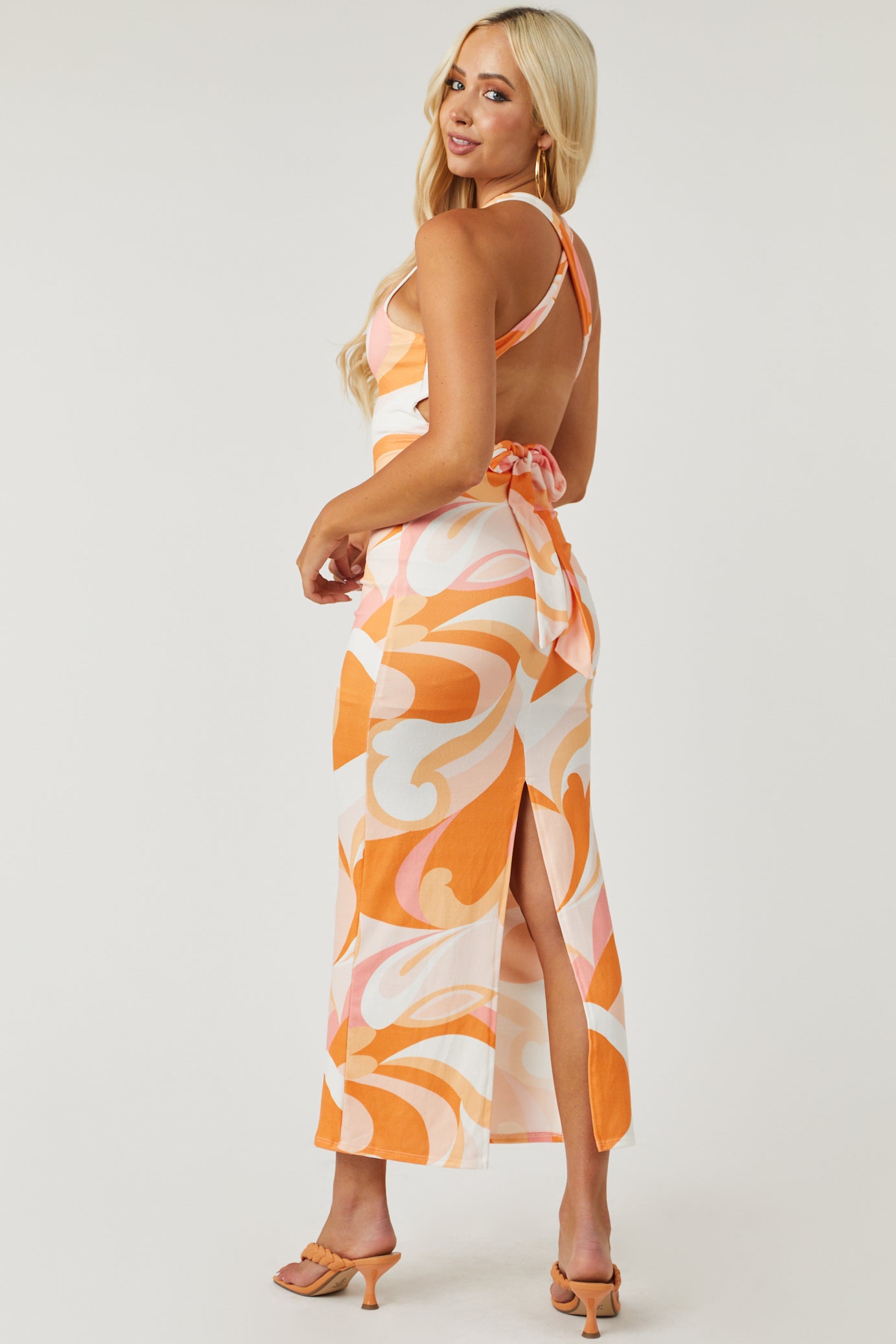 Tangerine Groovy Print Sleeveless Knit Midi Dress