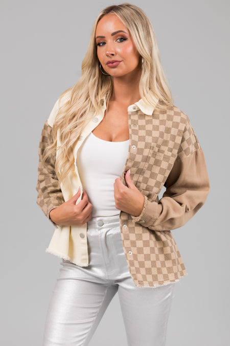 Taupe Checkered Contrast Button Down Shacket