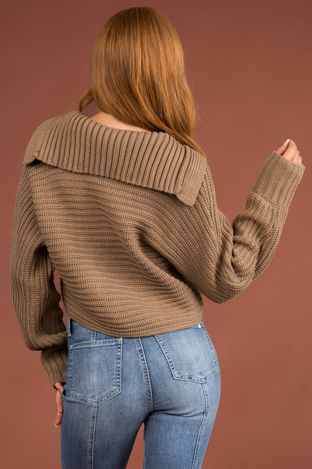 Taupe Collared V Neck Cropped Knit Sweater