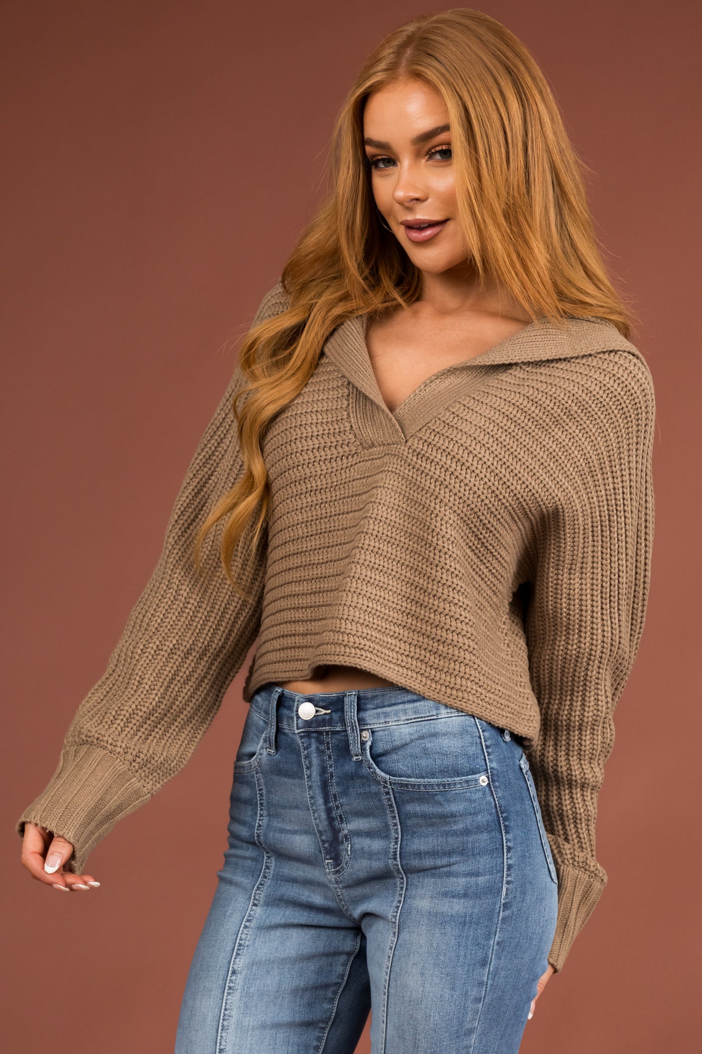 Taupe Collared V Neck Cropped Knit Sweater