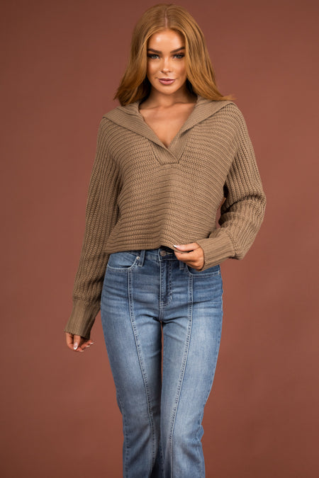 Taupe Collared V Neck Cropped Knit Sweater