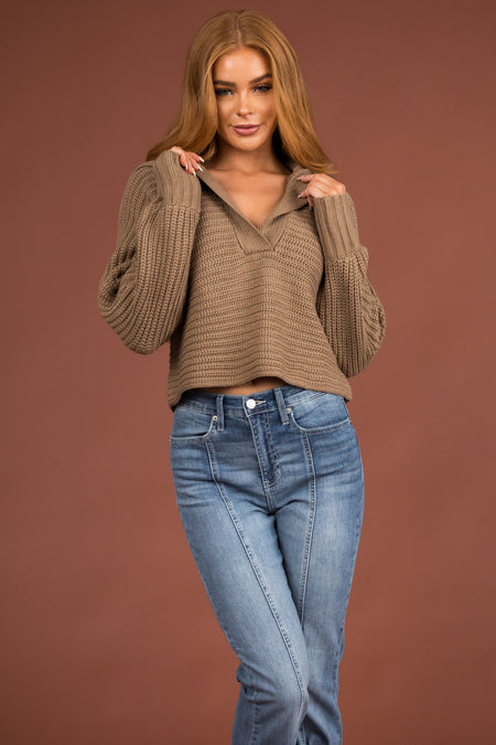 Taupe Collared V Neck Cropped Knit Sweater