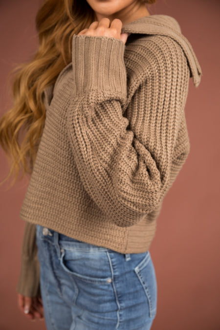 Taupe Collared V Neck Cropped Knit Sweater