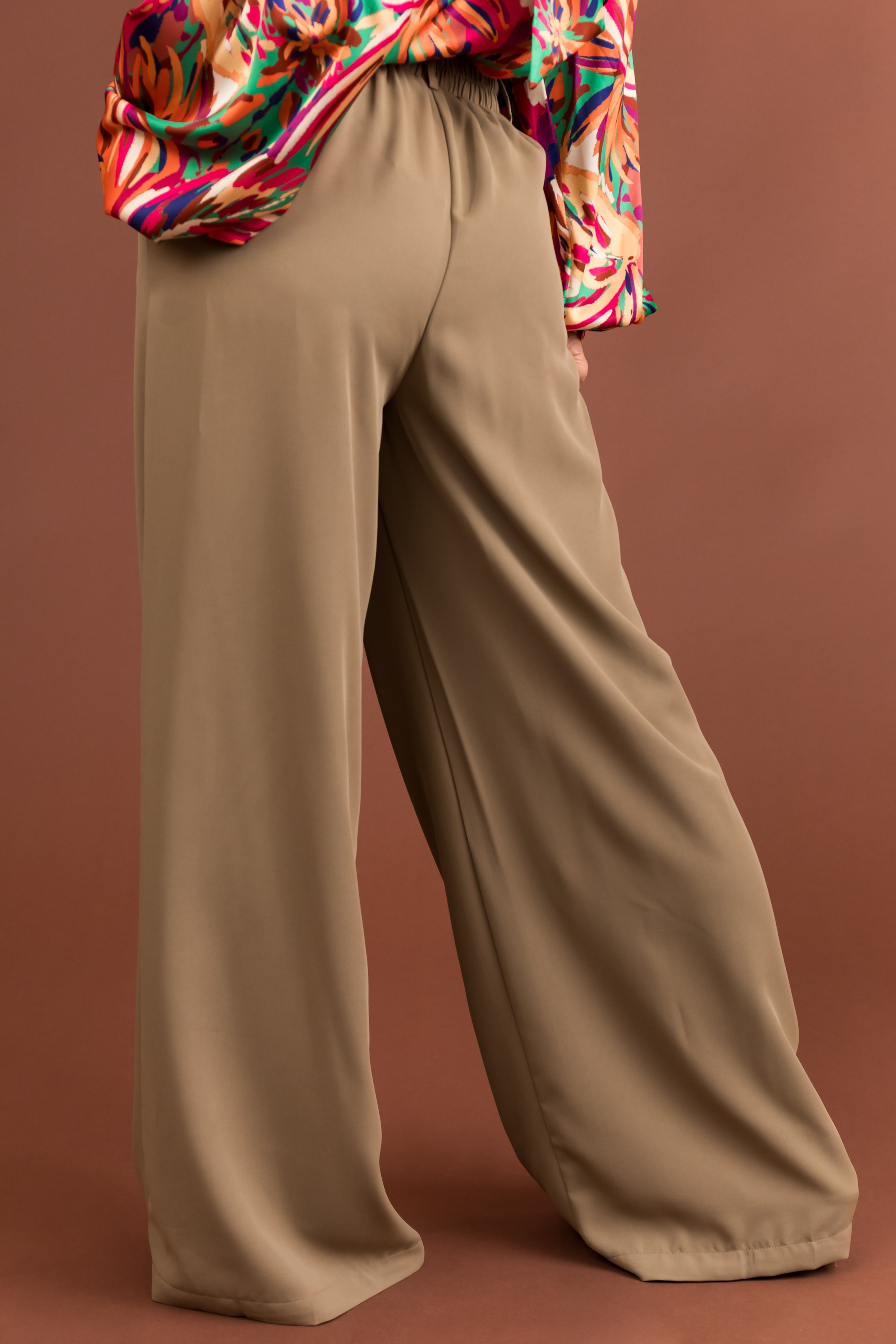 Taupe Elastic Waist Wide Leg Dress Pants