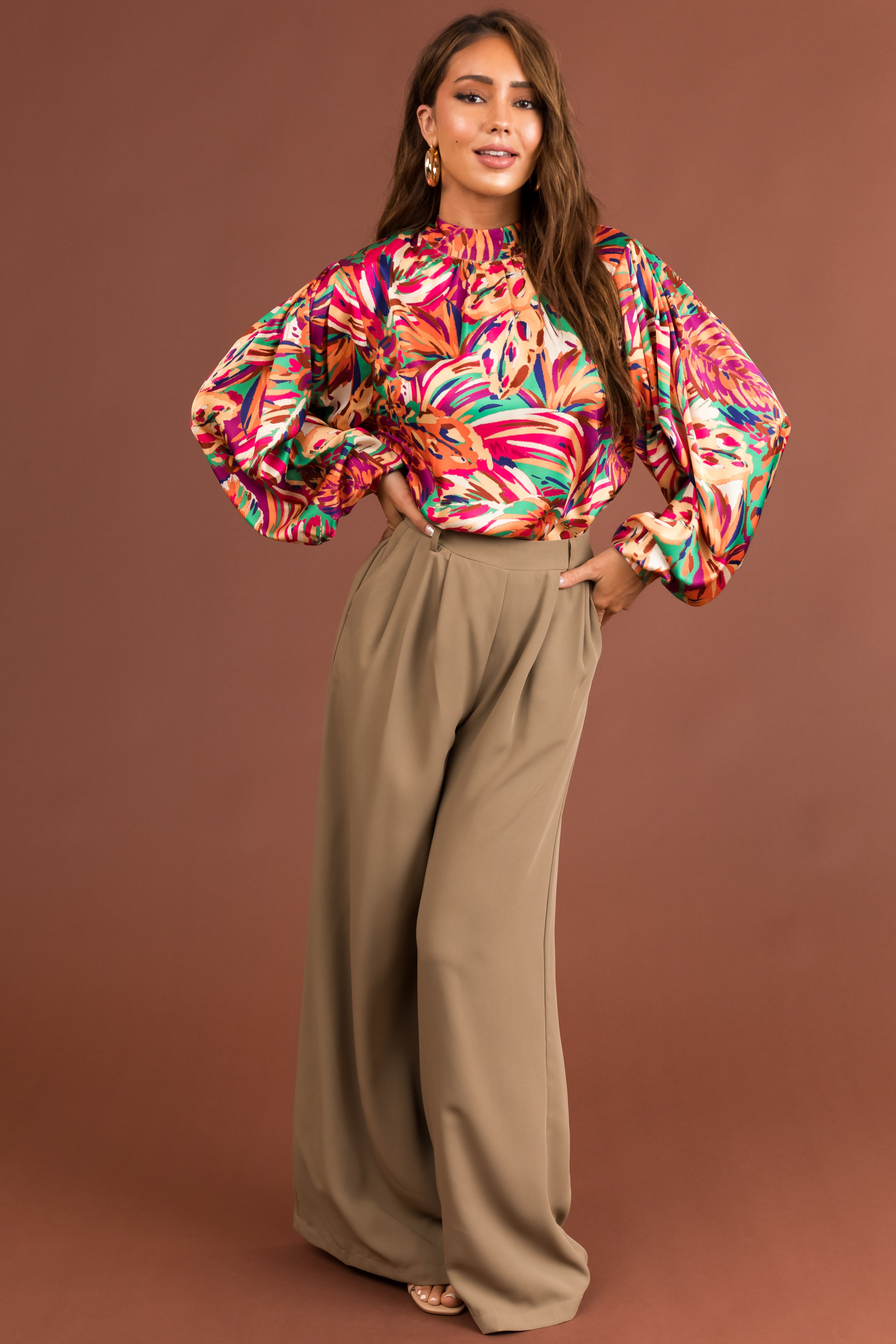 Taupe Elastic Waist Wide Leg Dress Pants