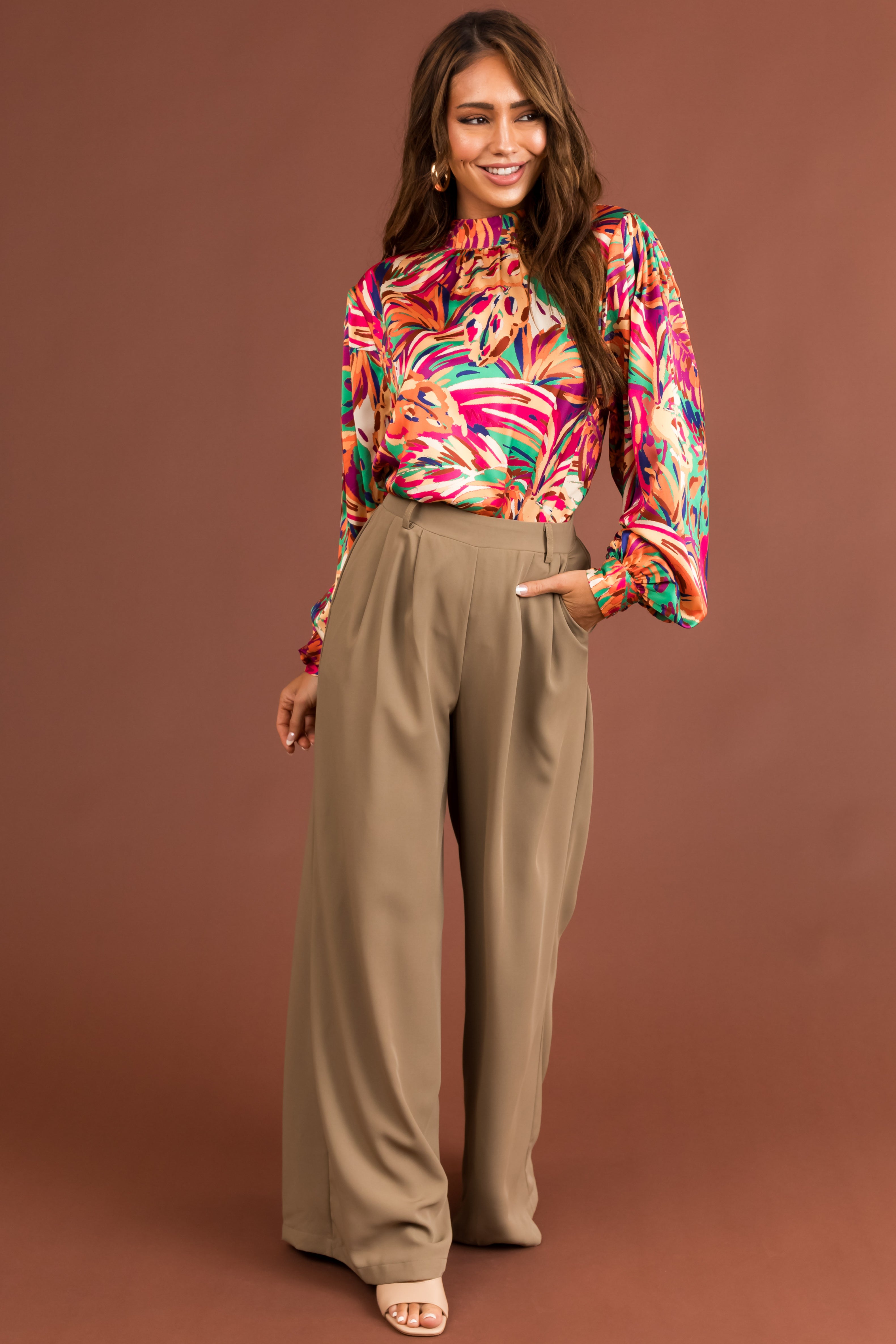 Taupe Elastic Waist Wide Leg Dress Pants