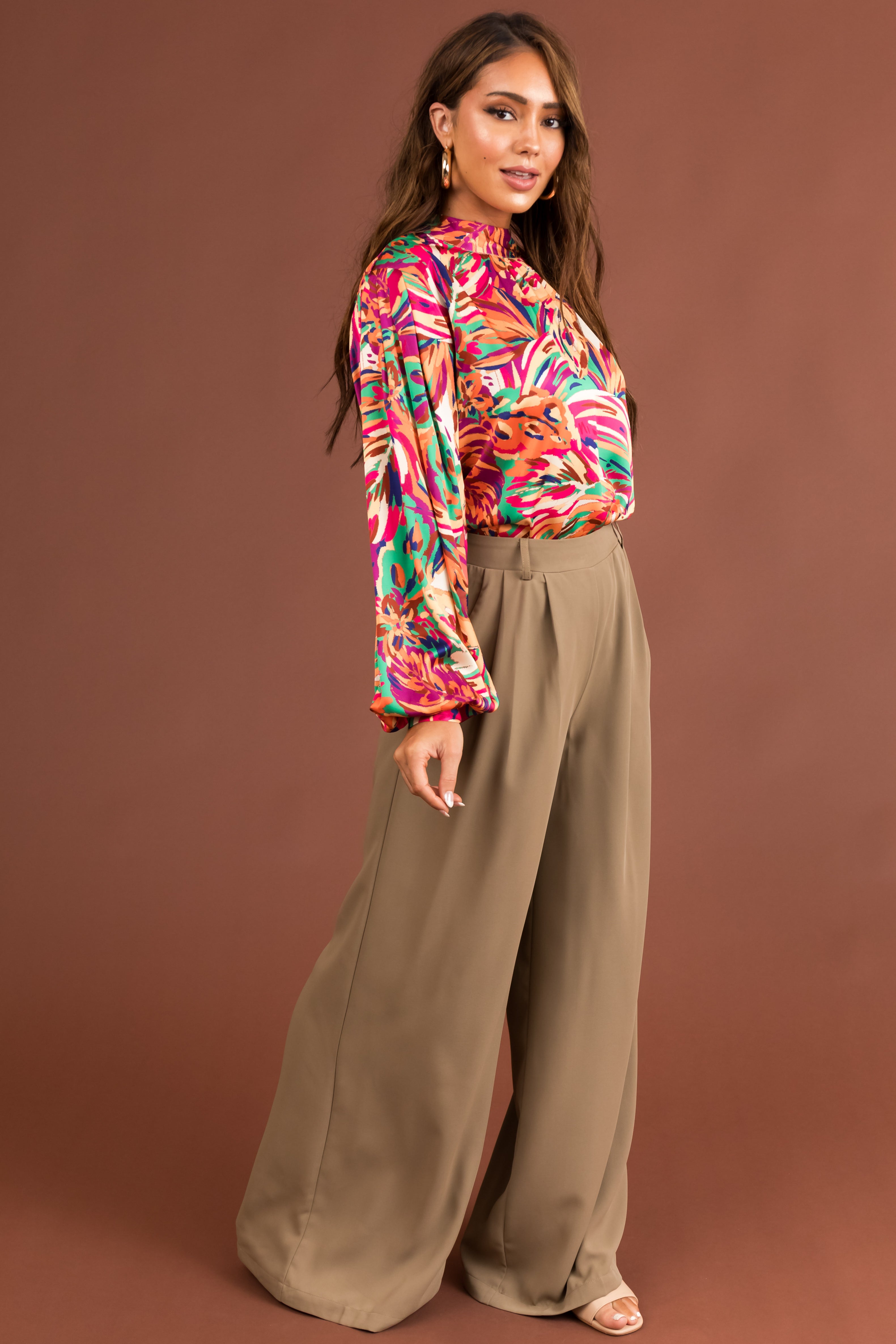 Taupe Elastic Waist Wide Leg Dress Pants