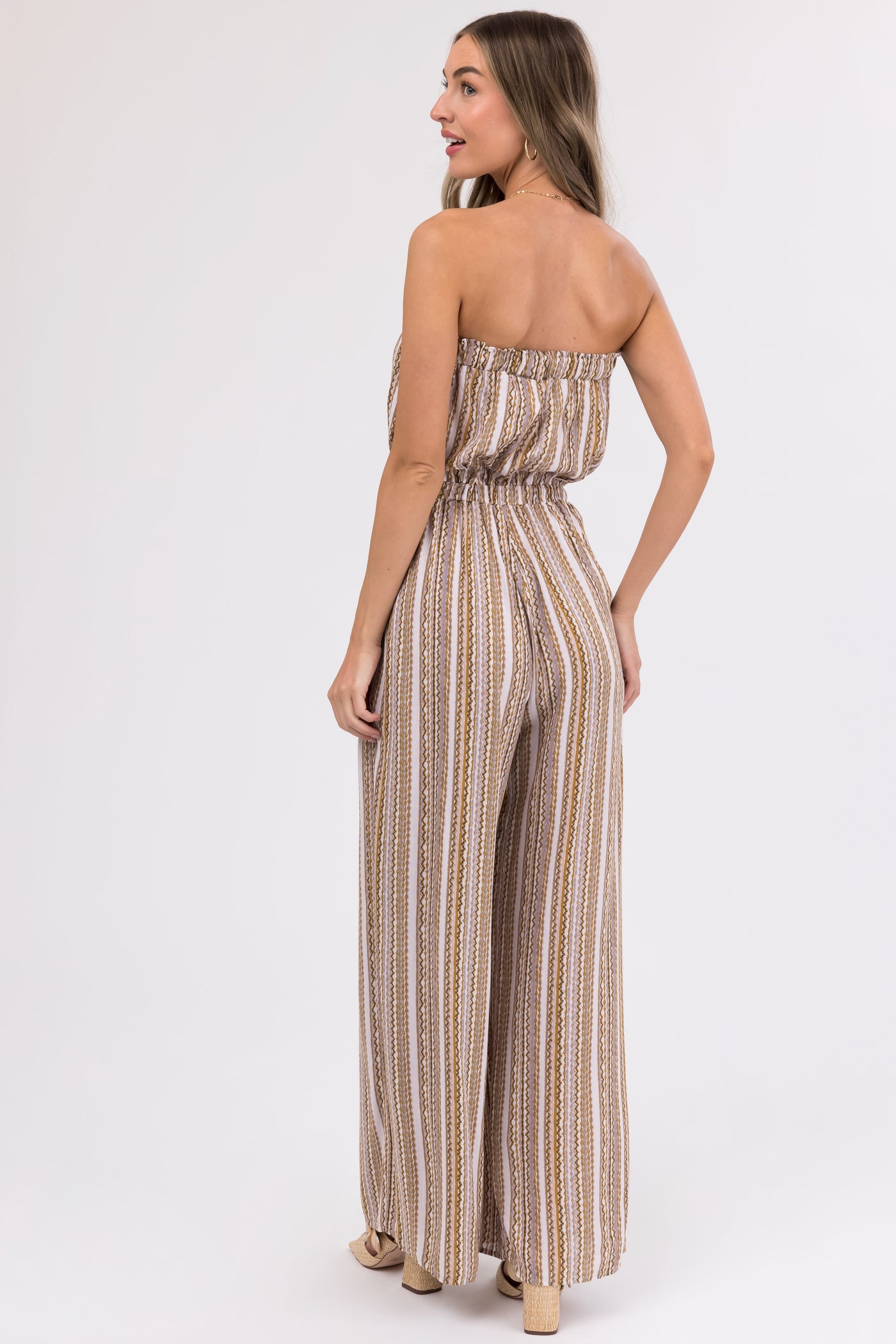 Taupe Printed Strapless Flowy Jumpsuit