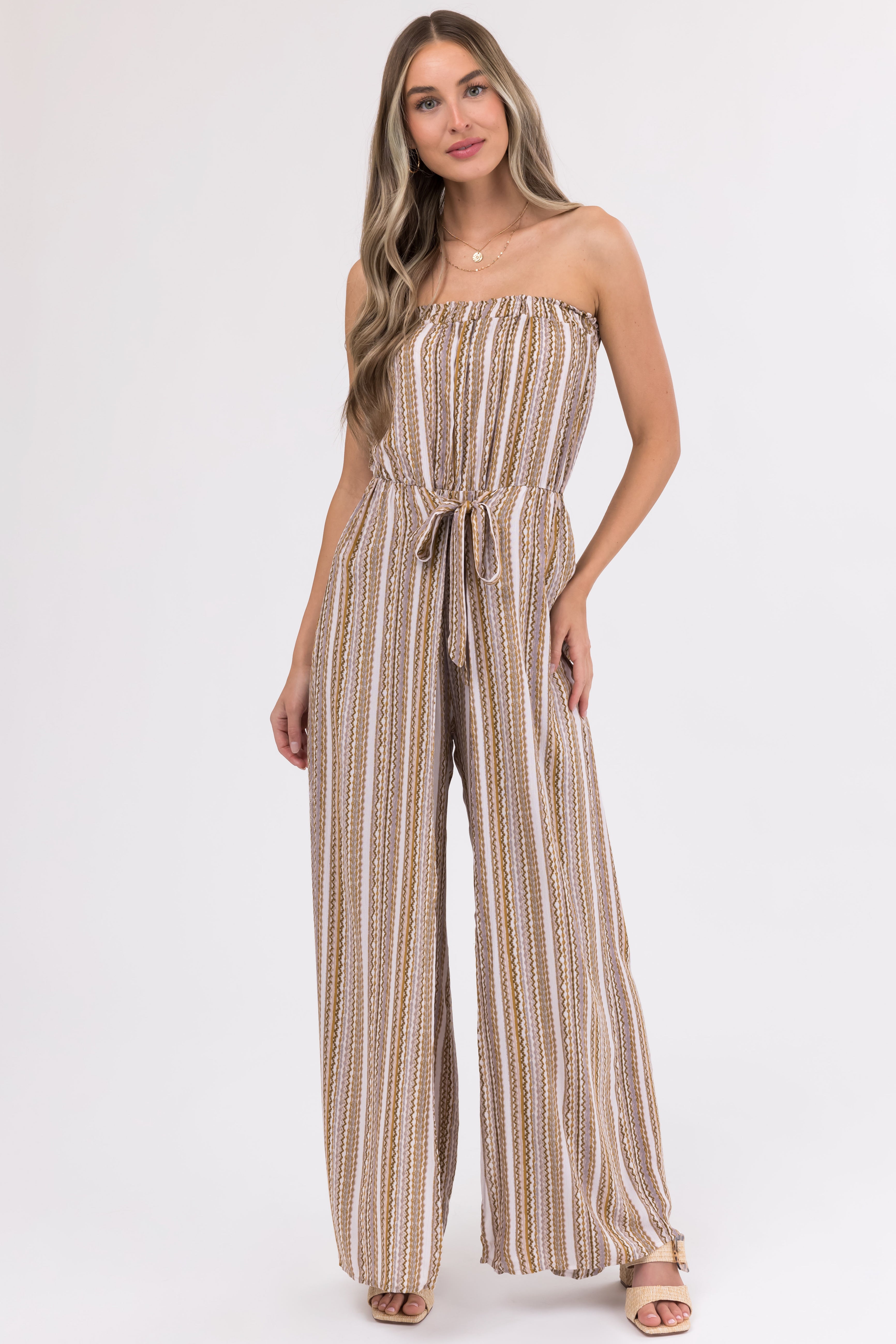 Taupe Printed Strapless Flowy Jumpsuit