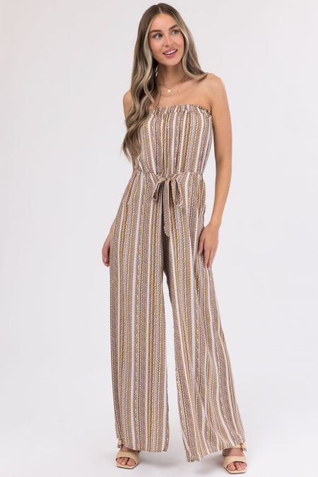 Taupe Printed Strapless Flowy Jumpsuit