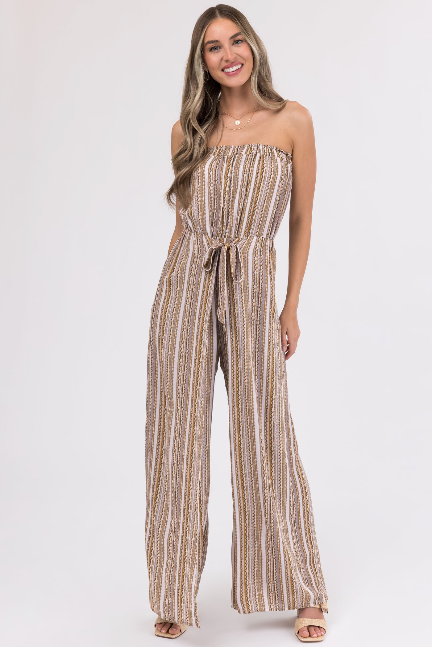 Taupe Printed Strapless Flowy Jumpsuit