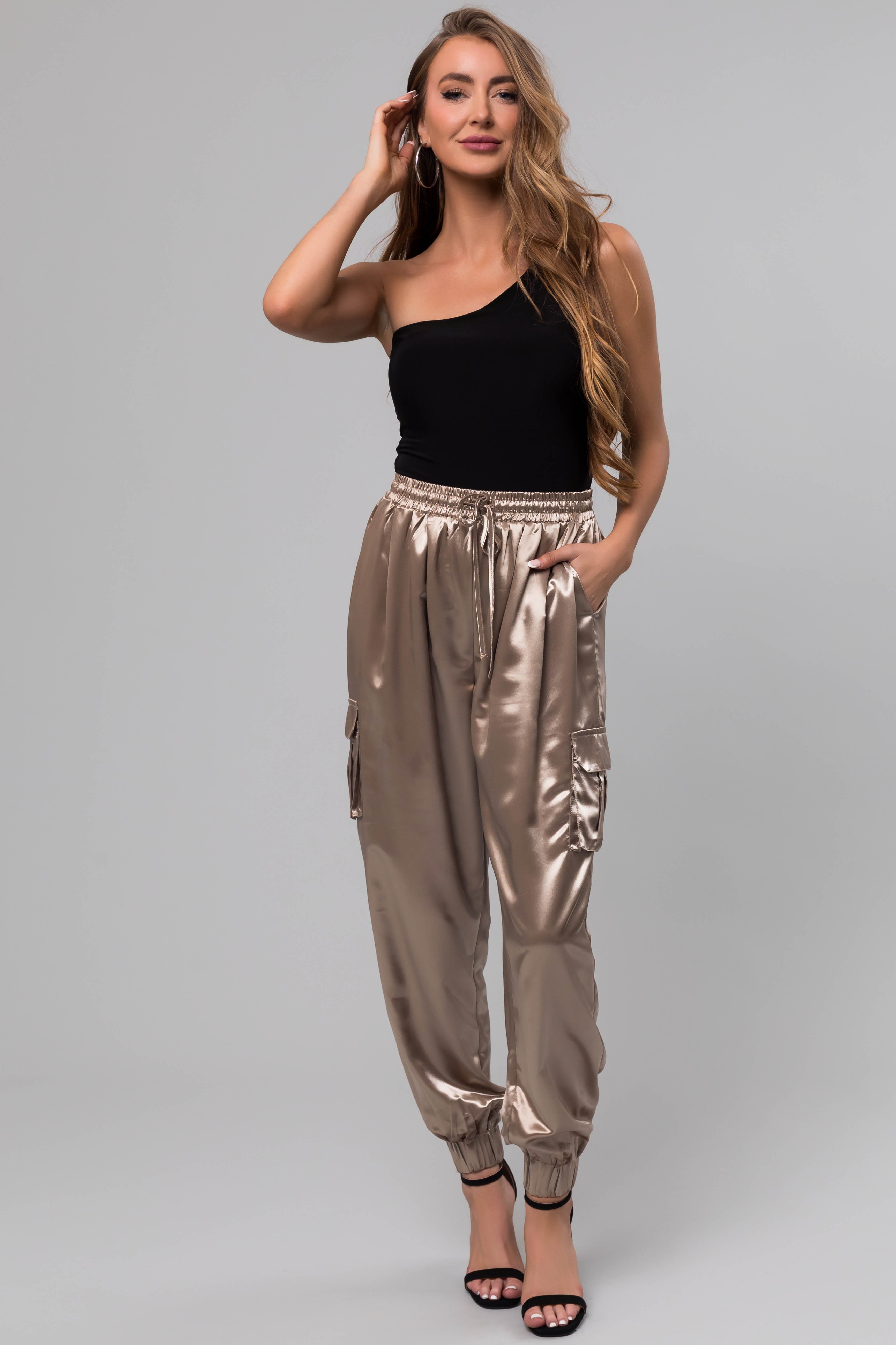 Taupe Shiny Metallic Smocked Waist Joggers