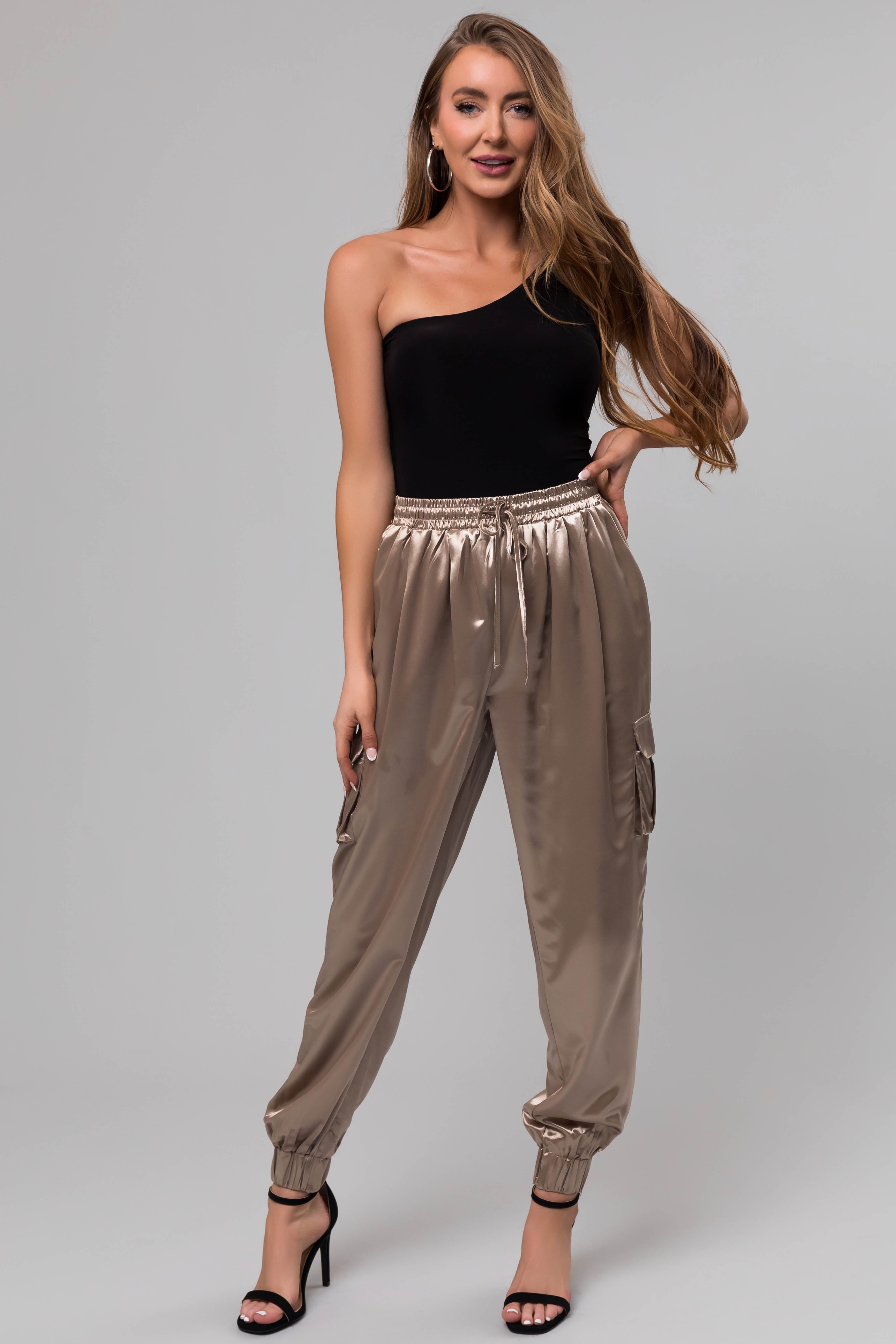 Taupe Shiny Metallic Smocked Waist Joggers