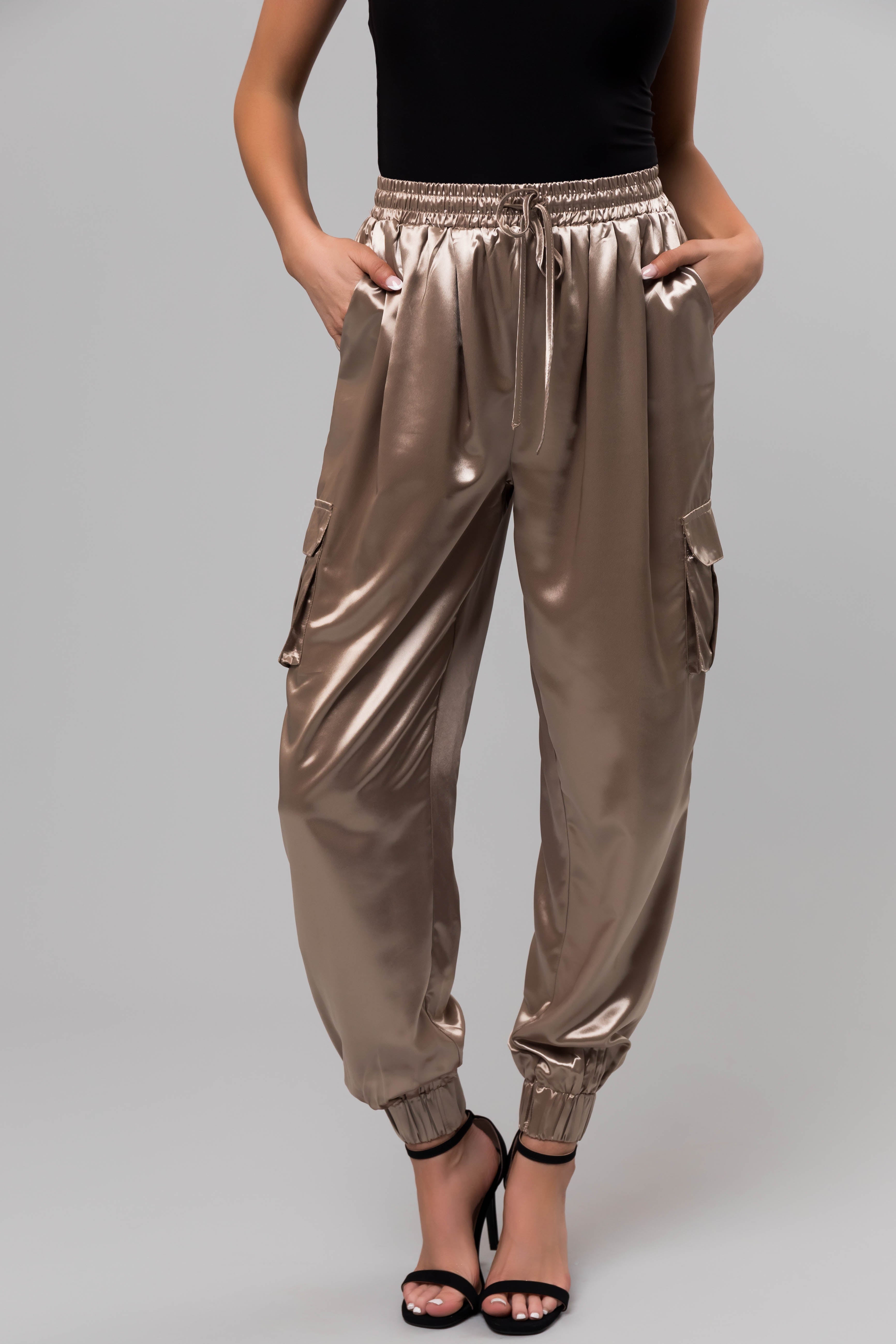 Taupe Shiny Metallic Smocked Waist Joggers