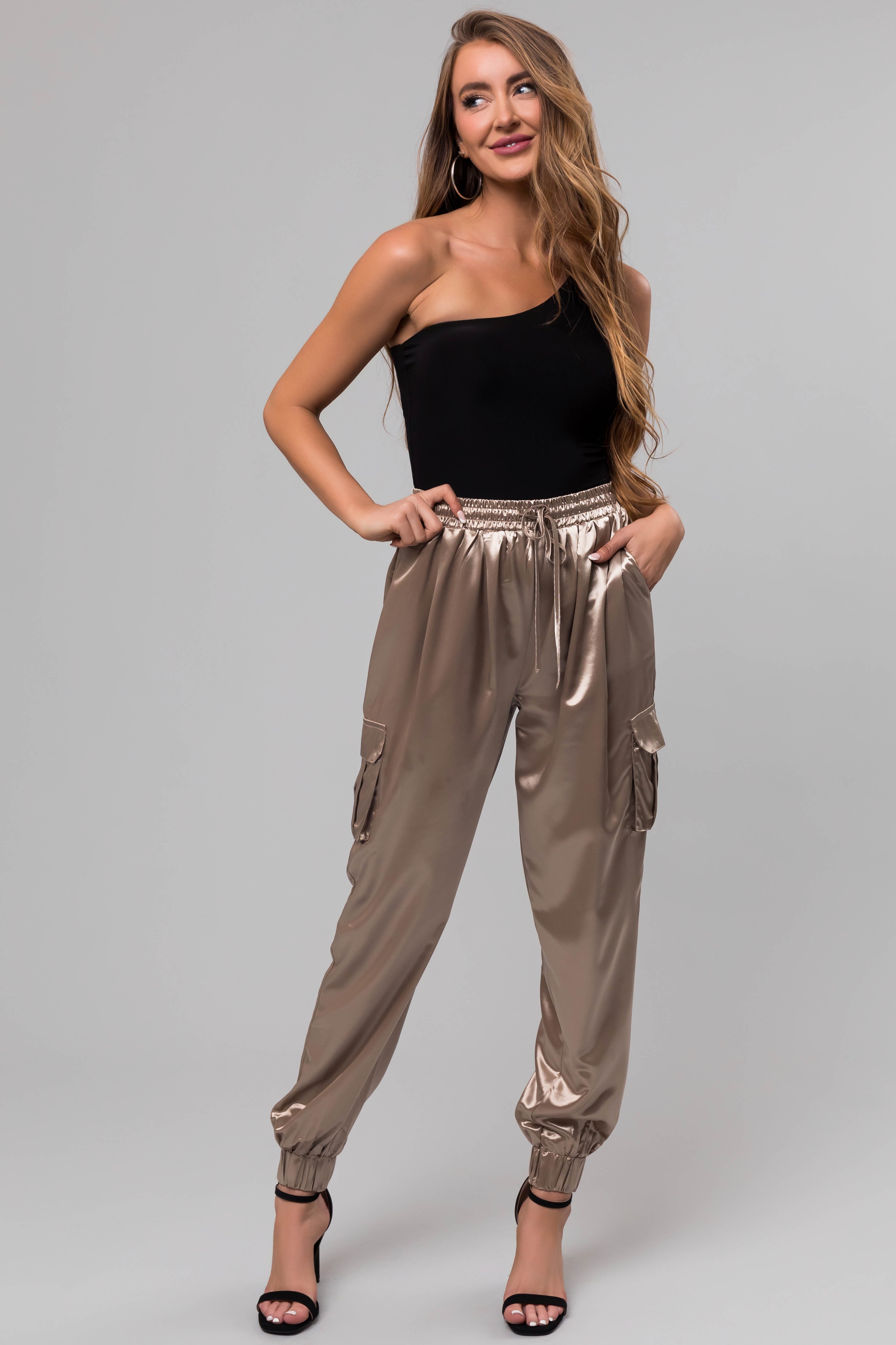 Taupe Shiny Metallic Smocked Waist Joggers