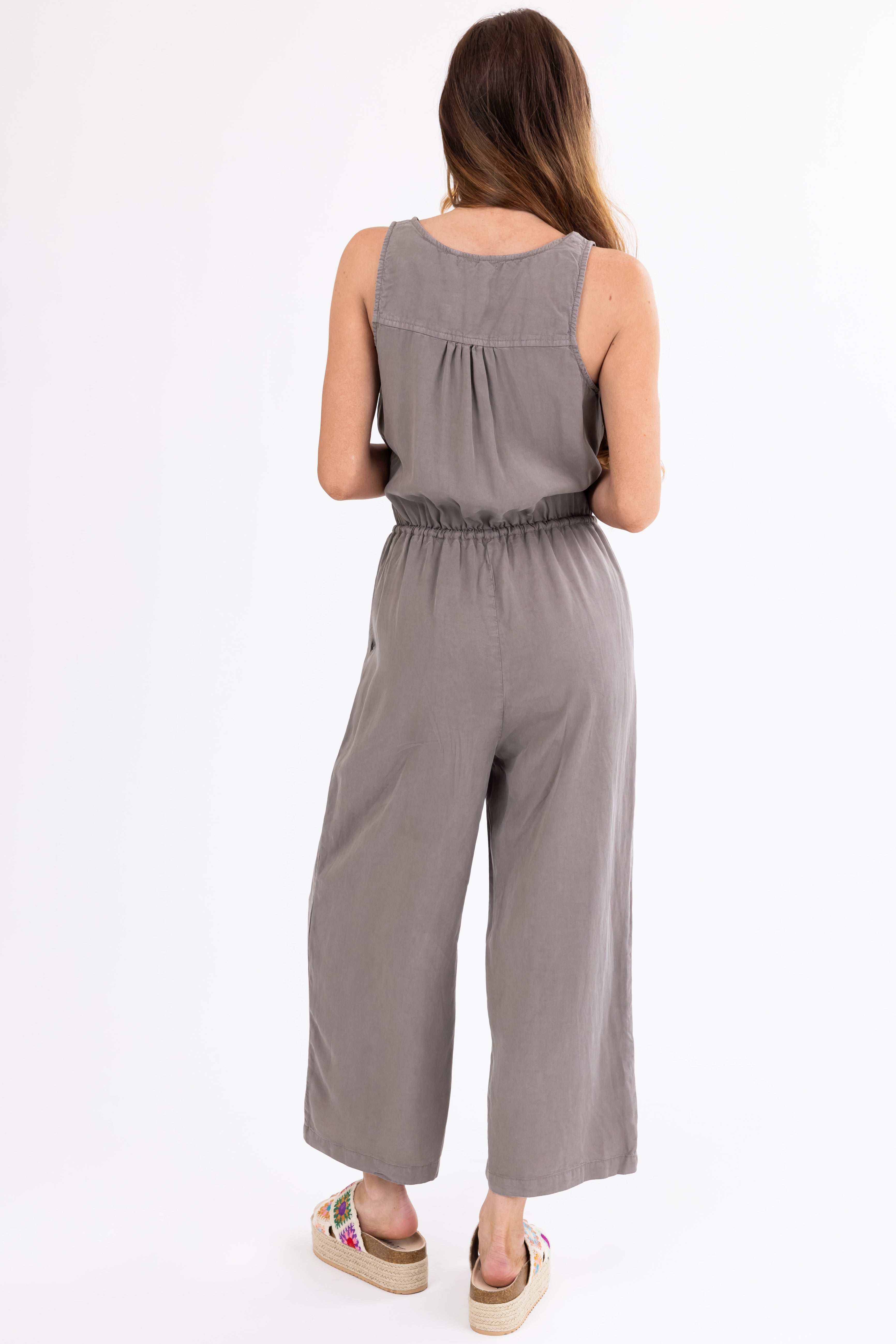 Taupe Sleeveless Elastic Waist Tie Jumpsuit