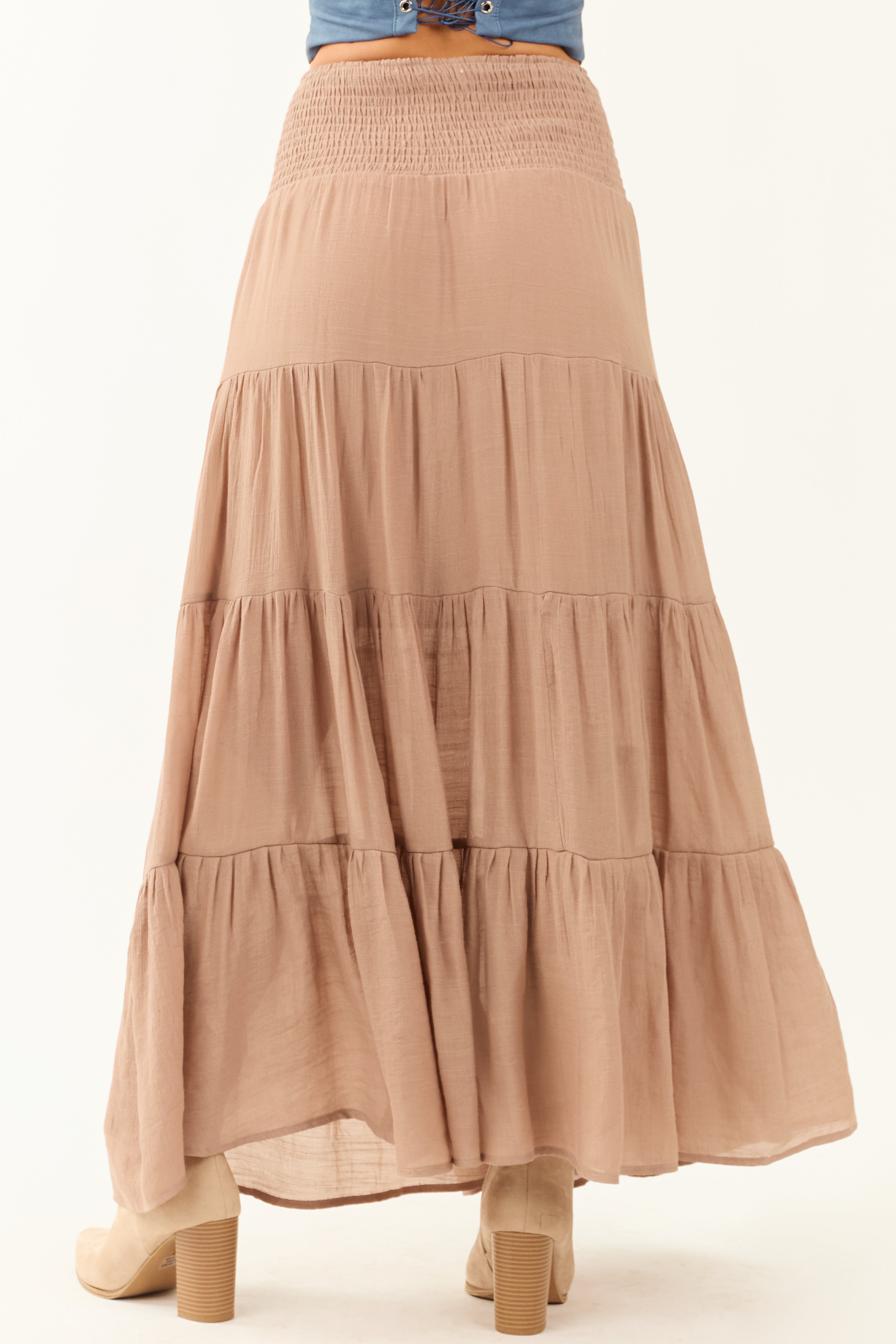 Taupe Tiered Smocked Drawstring Waist Maxi Skirt