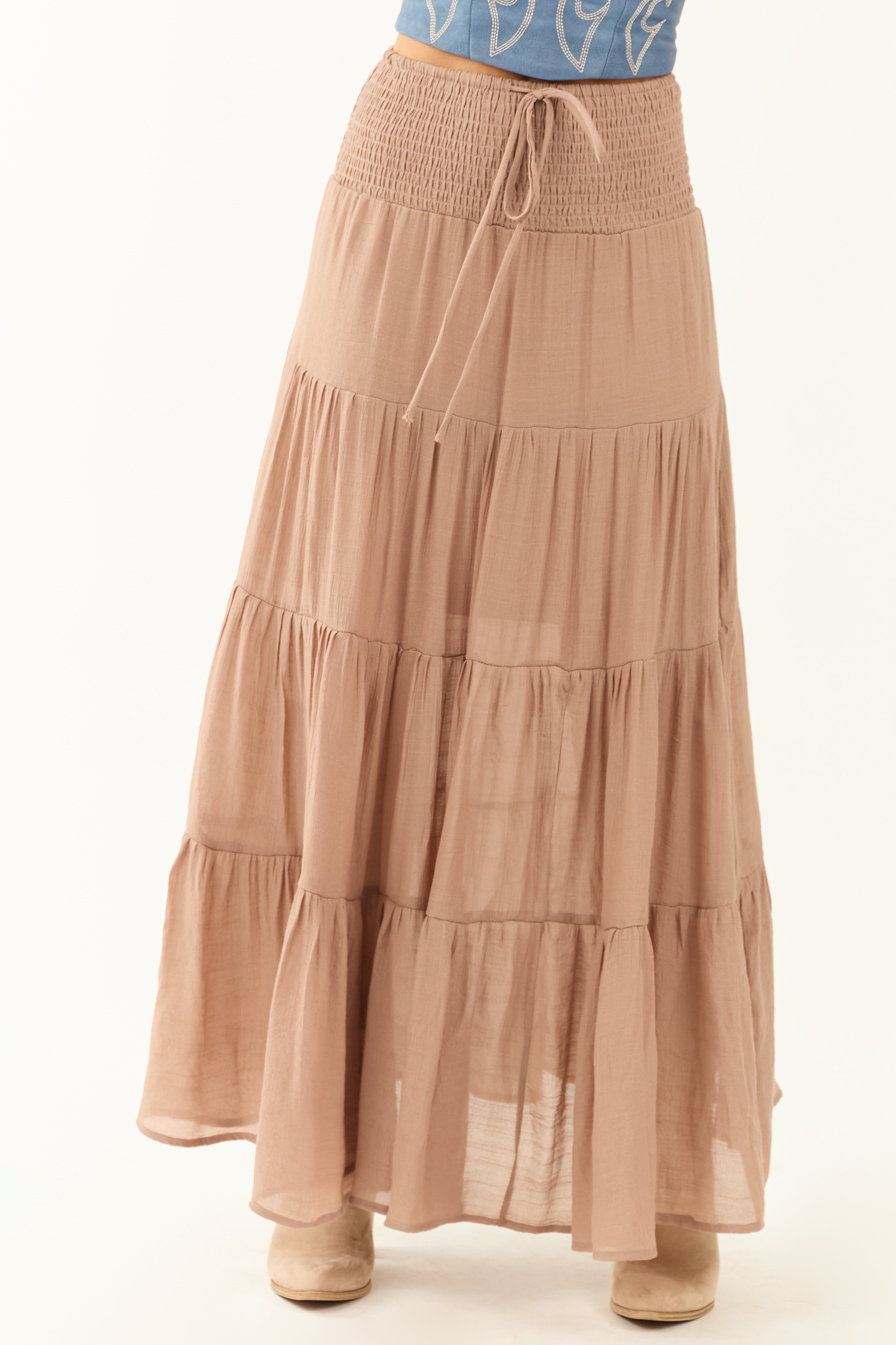 Taupe Tiered Smocked Drawstring Waist Maxi Skirt