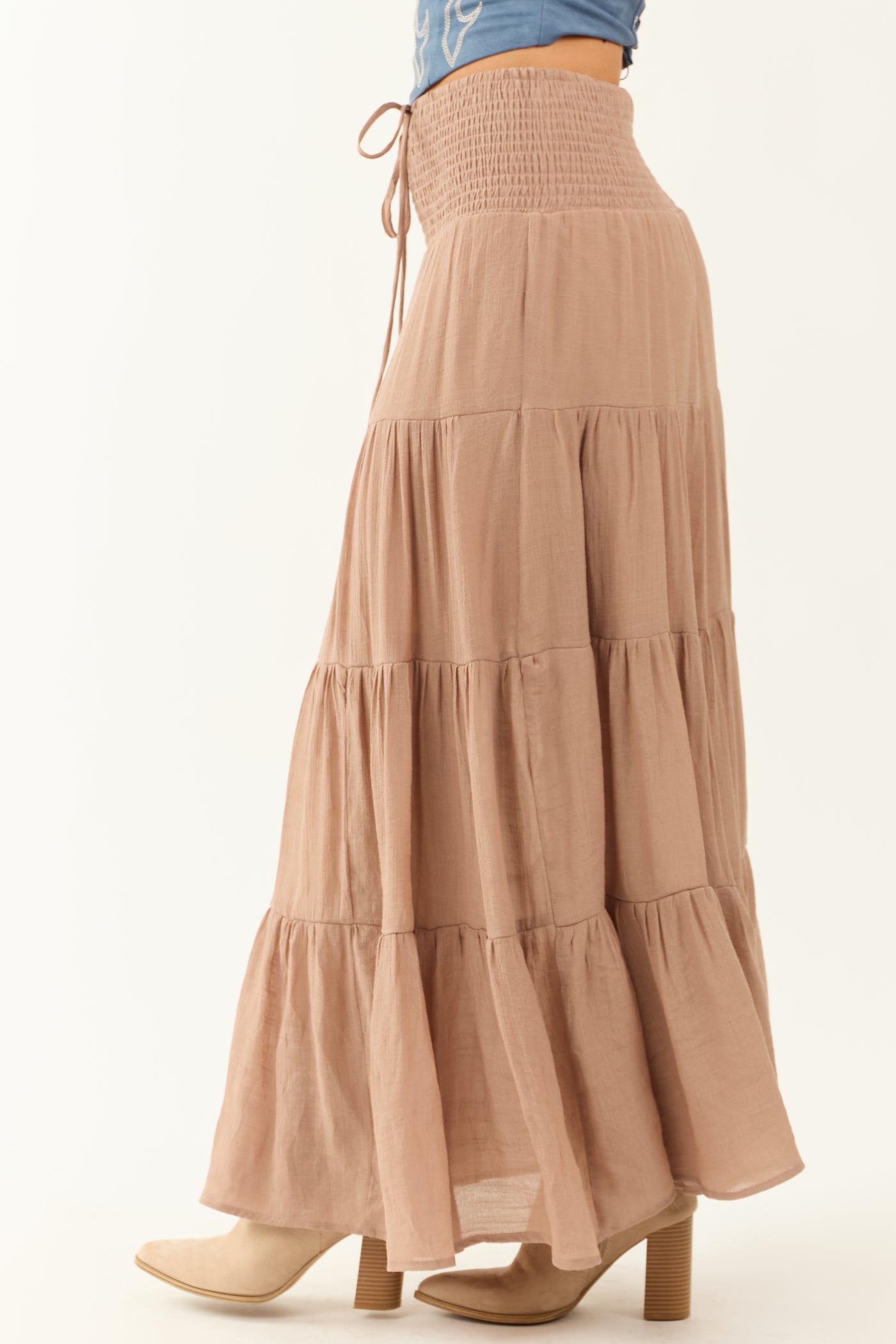 Taupe Tiered Smocked Drawstring Waist Maxi Skirt