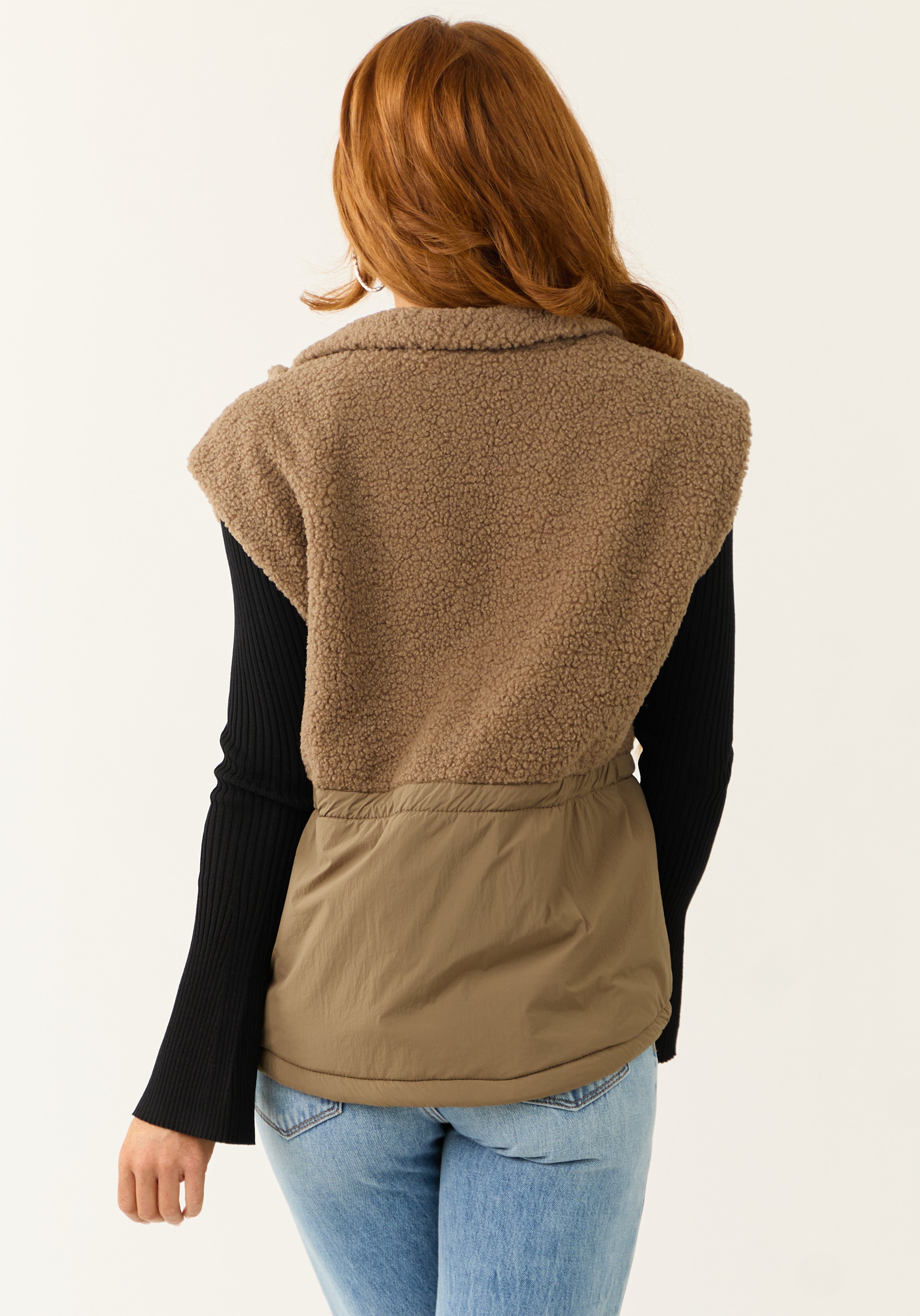 Taupe Zip Up Sherpa Vest with Drawstring Waist