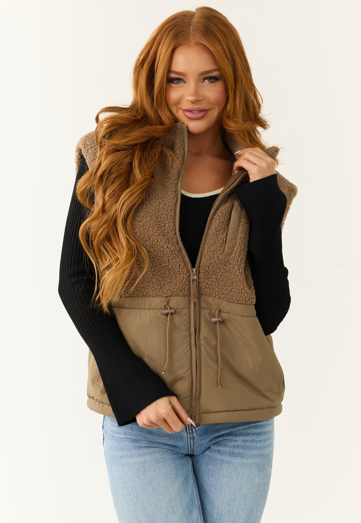 Taupe Zip Up Sherpa Vest with Drawstring Waist