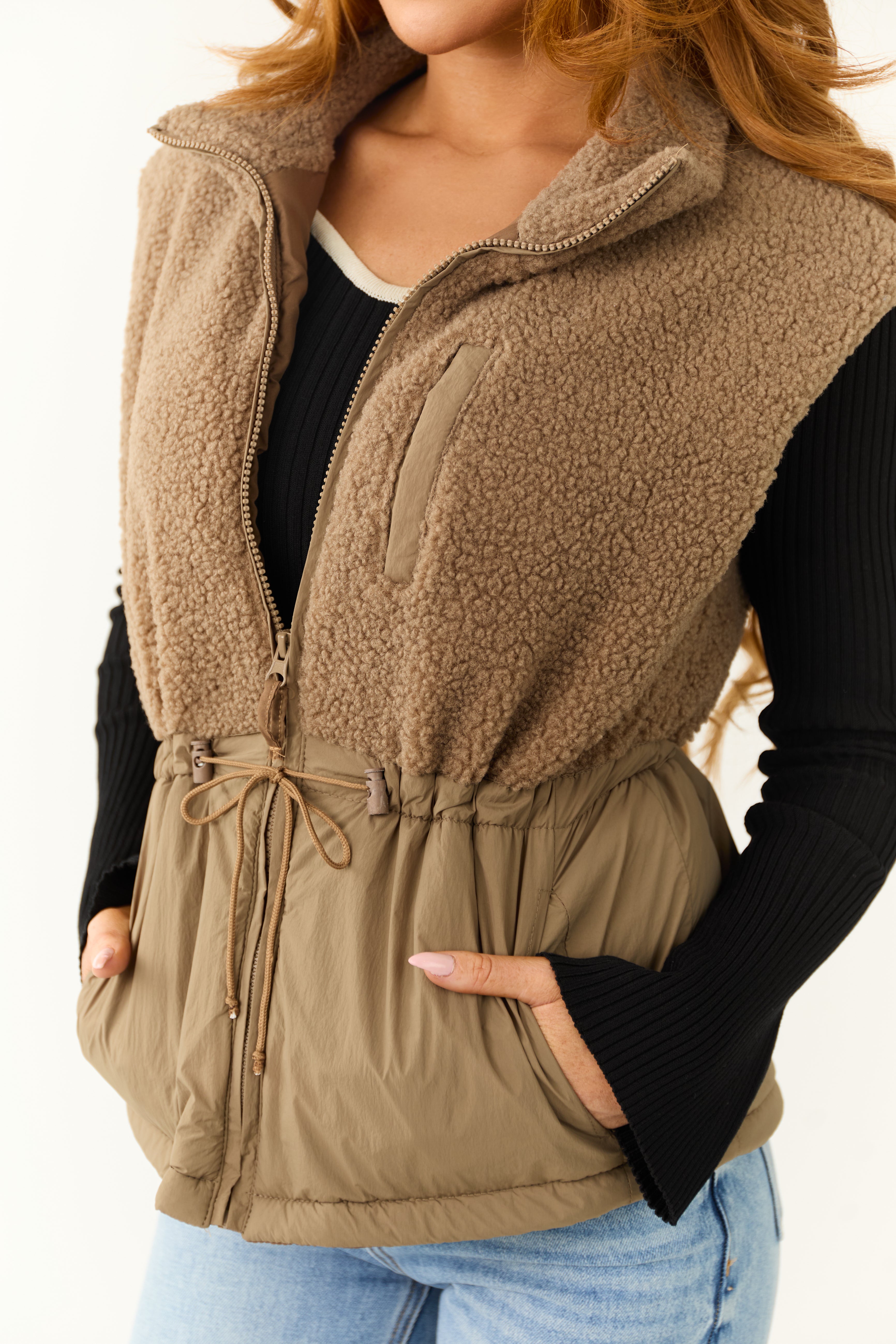 Taupe Zip Up Sherpa Vest with Drawstring Waist