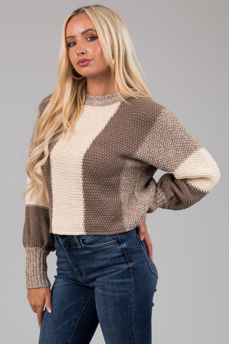 Taupe and Cream Colorblock Chunky Knit Sweater