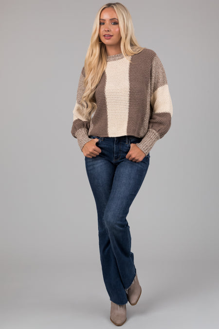 Taupe and Cream Colorblock Chunky Knit Sweater