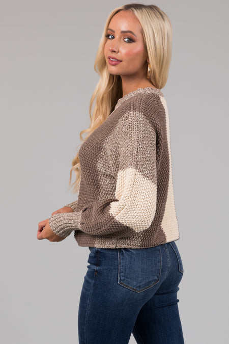 Taupe and Cream Colorblock Chunky Knit Sweater