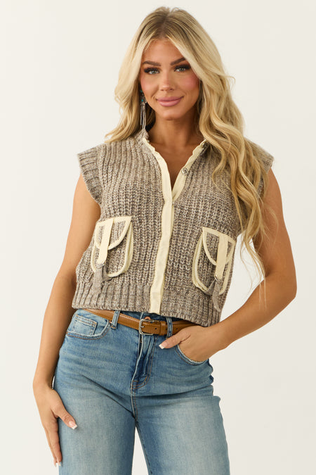 Taupe and Ivory Front Pocket Thick Wool Sweater Vest