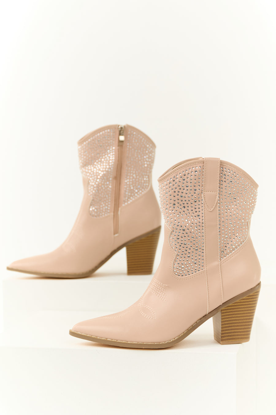 Taupe Rhinestone Embellished Western Booties