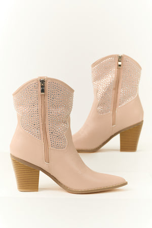 Taupe Rhinestone Embellished Western Booties