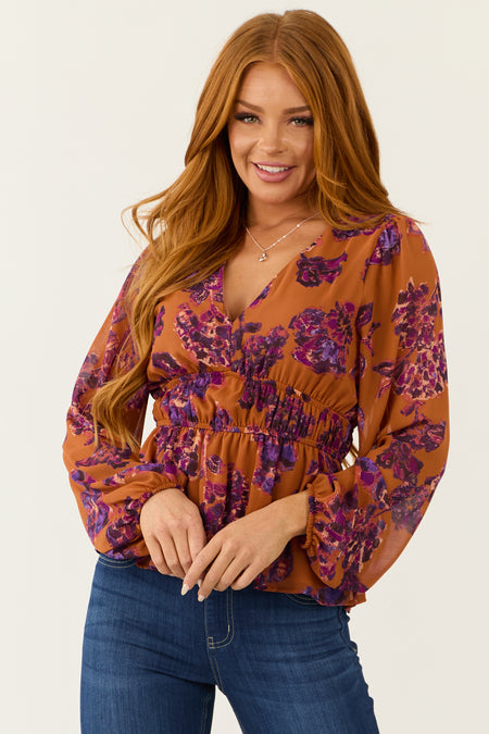 Tawny Floral Print V Neck Empire Waist Blouse