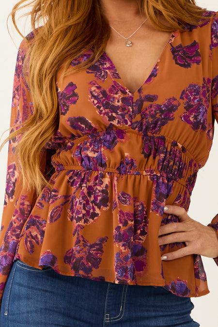 Tawny Floral Print V Neck Empire Waist Blouse