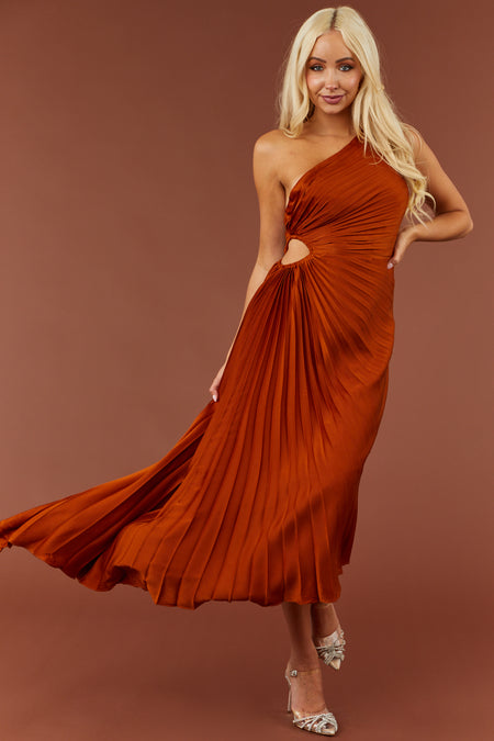 Tawny One Shoulder Side Cut Out Pleated Midi Dress