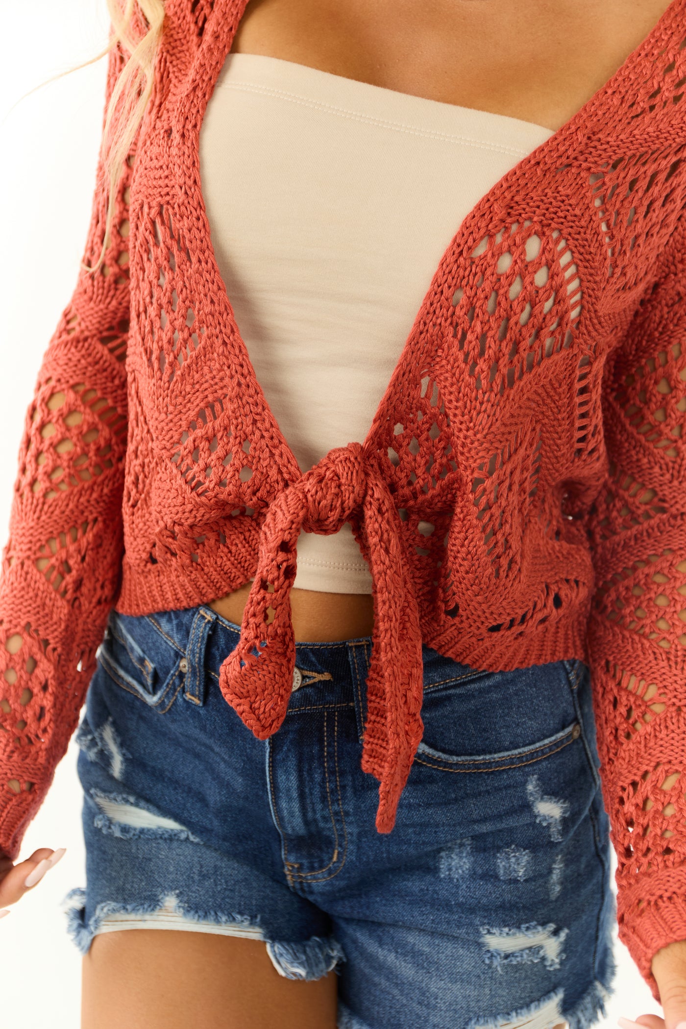 Tawny Open Crochet Tie Front Cardigan