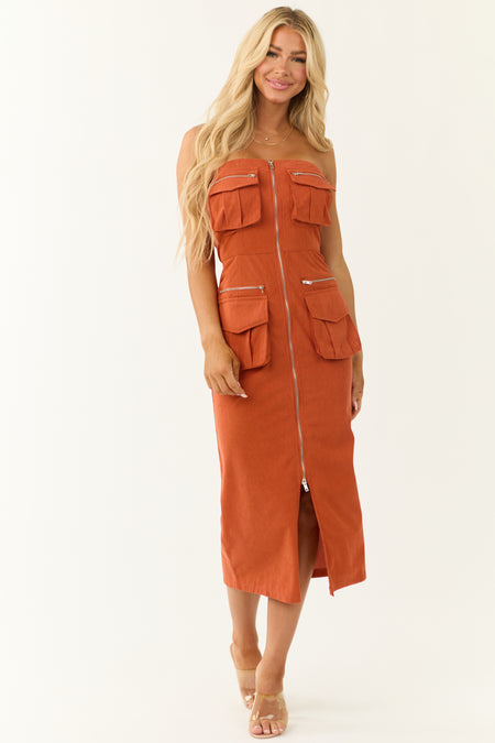 Tawny Strapless Cargo Zip Up Front Midi Dress