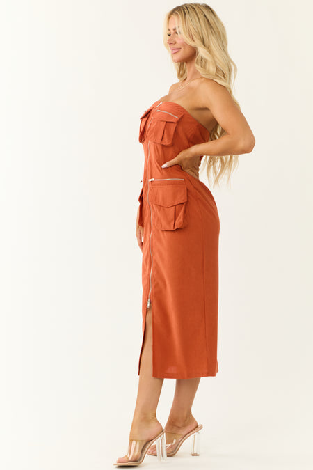 Tawny Strapless Cargo Zip Up Front Midi Dress