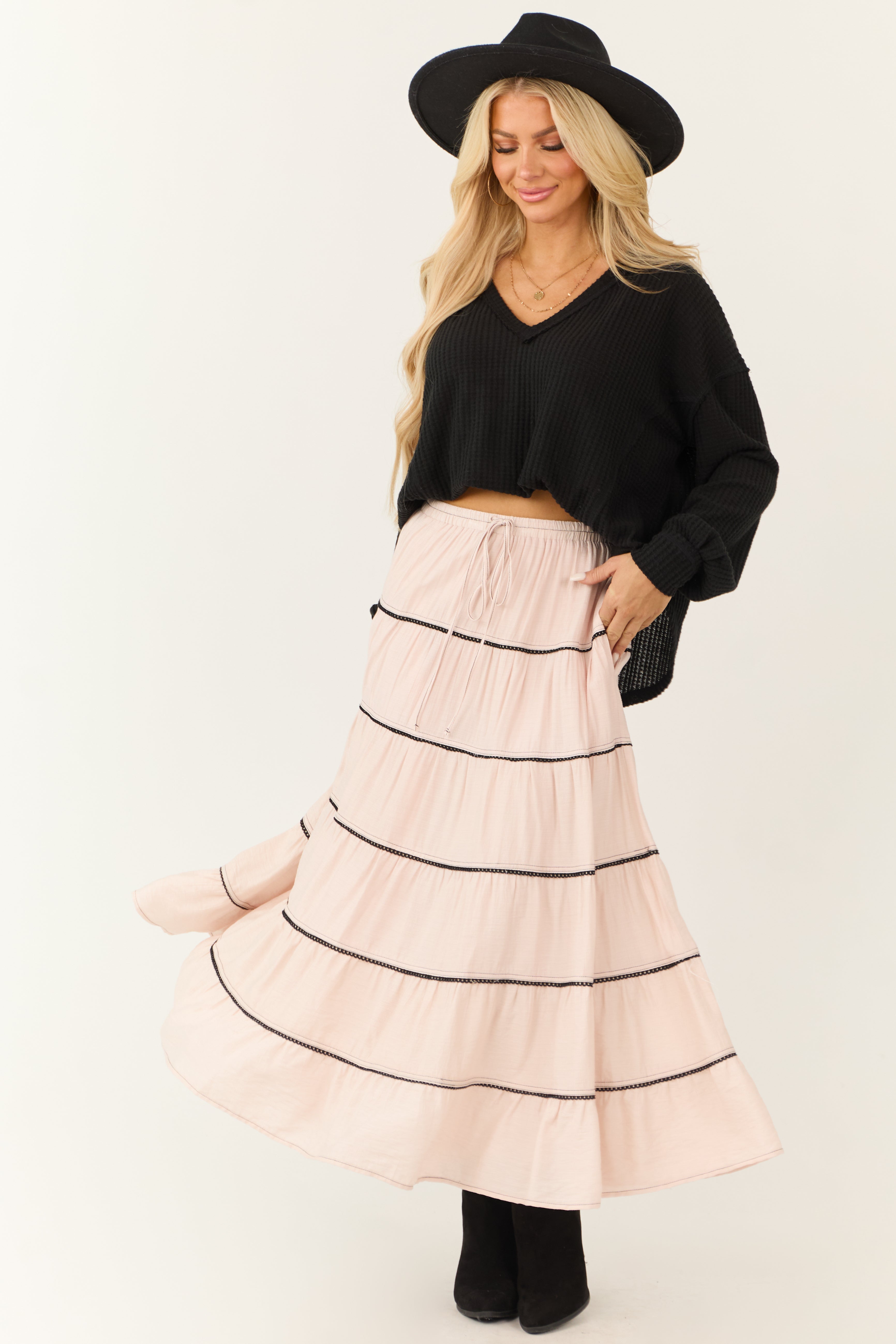 Tea Rose Contrast Tie Waist Tiered Maxi Dress