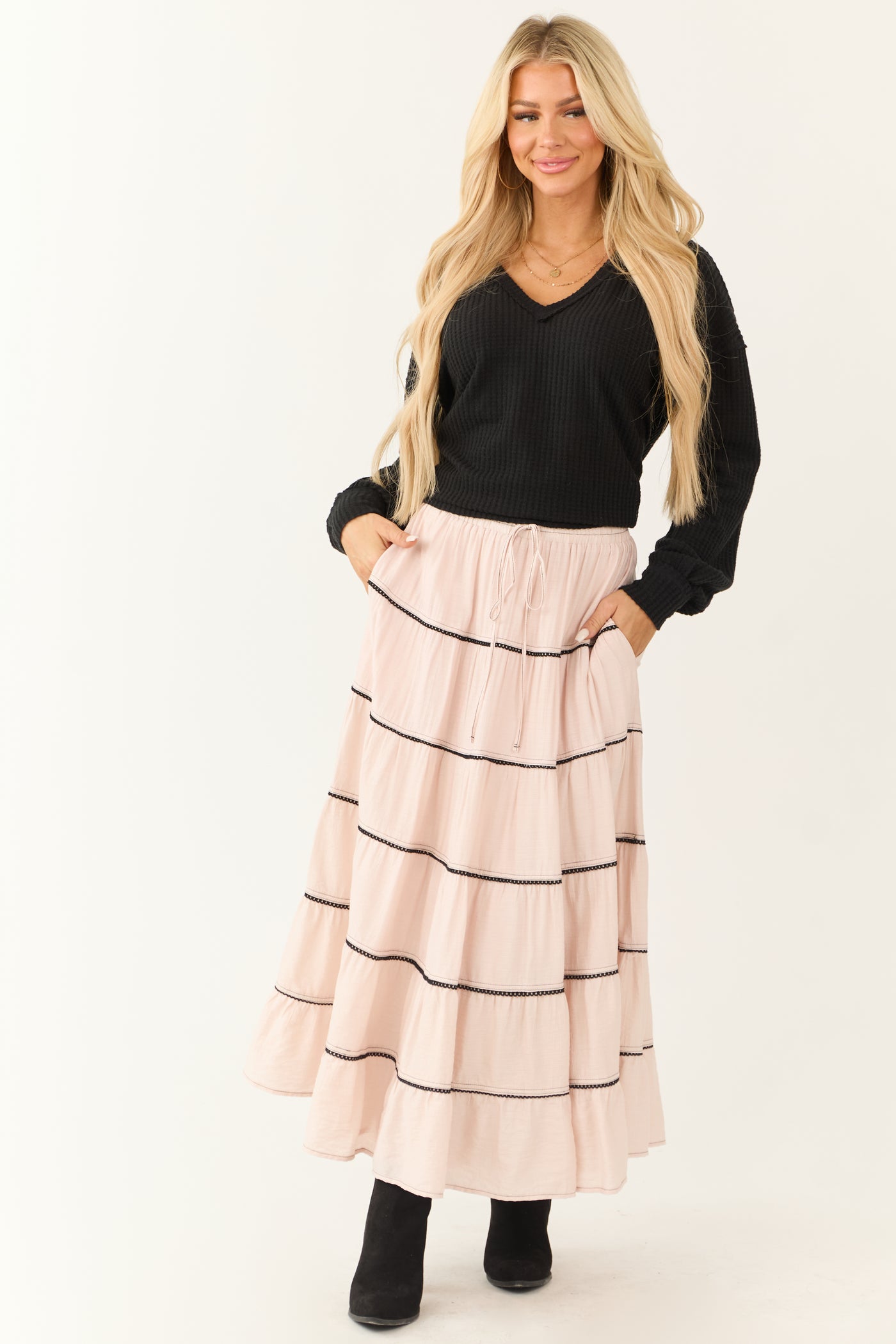 Tea Rose Contrast Tie Waist Tiered Maxi Dress