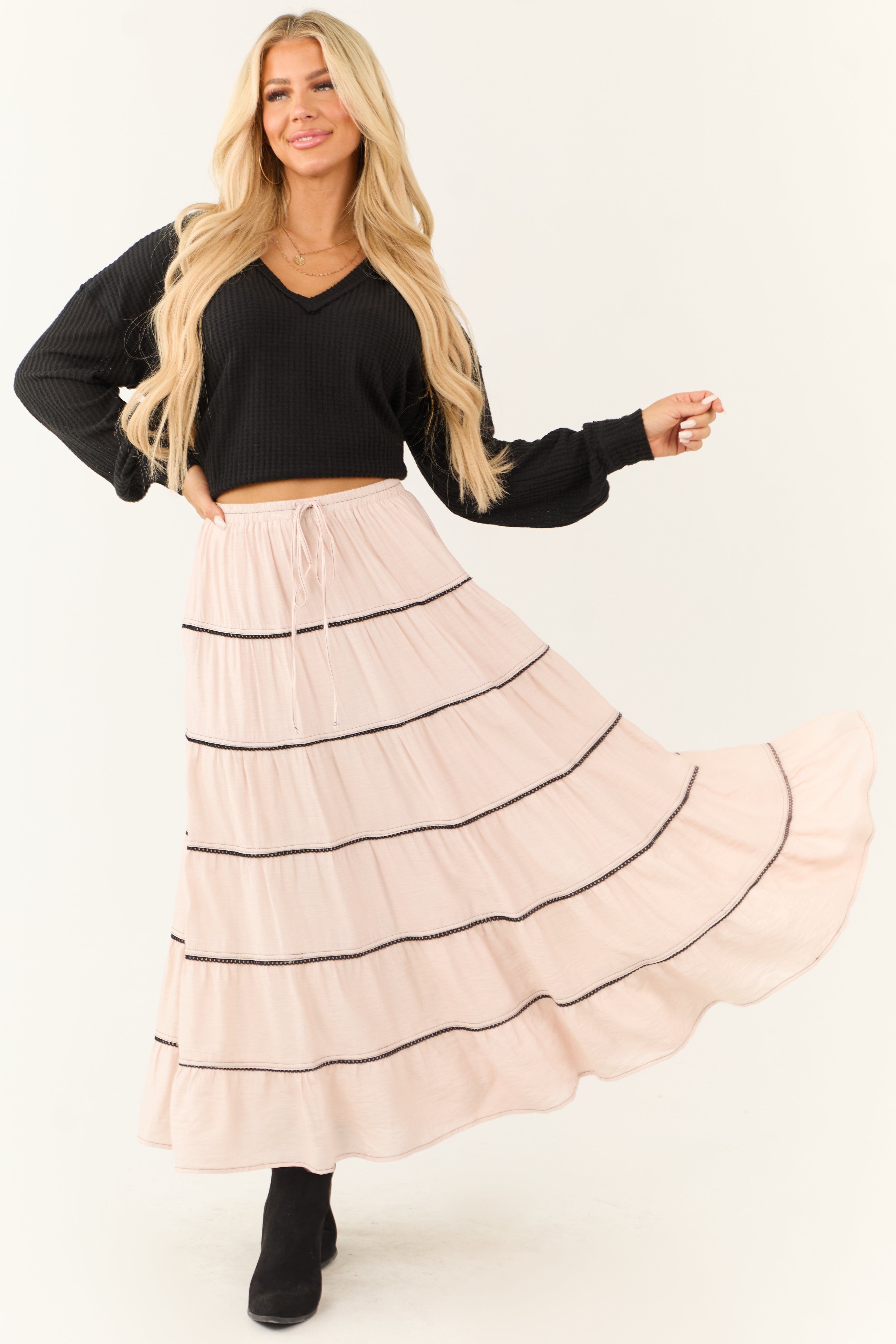 Tea Rose Contrast Tie Waist Tiered Maxi Dress