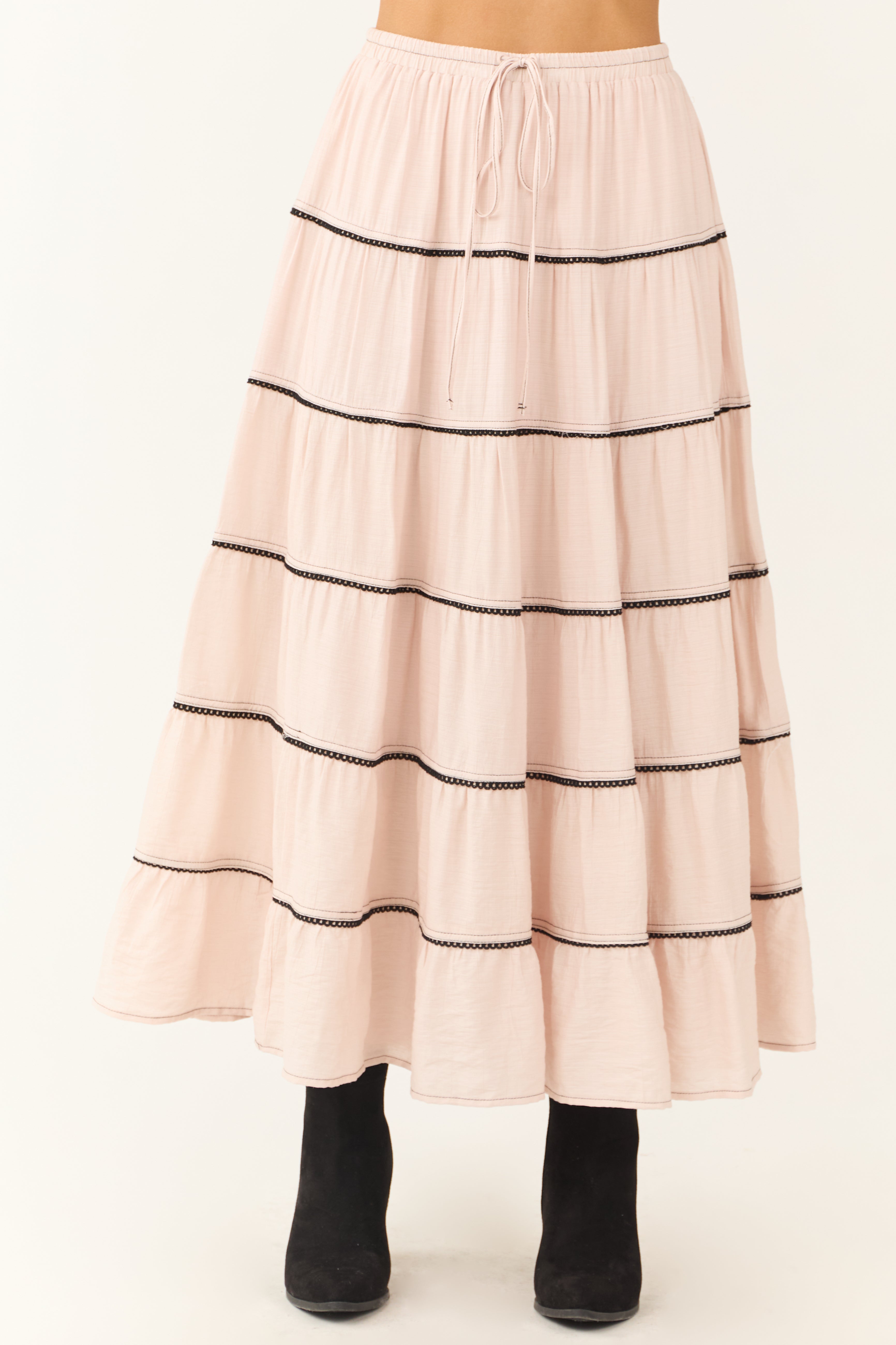 Tea Rose Contrast Tie Waist Tiered Maxi Dress