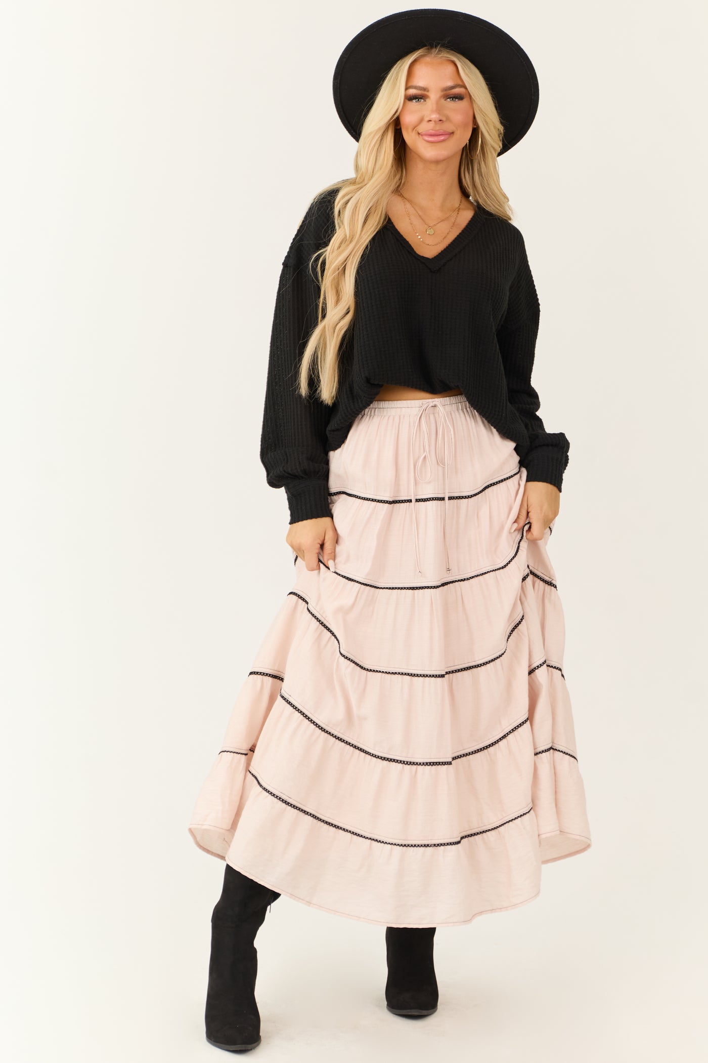 Tea Rose Contrast Tie Waist Tiered Maxi Dress