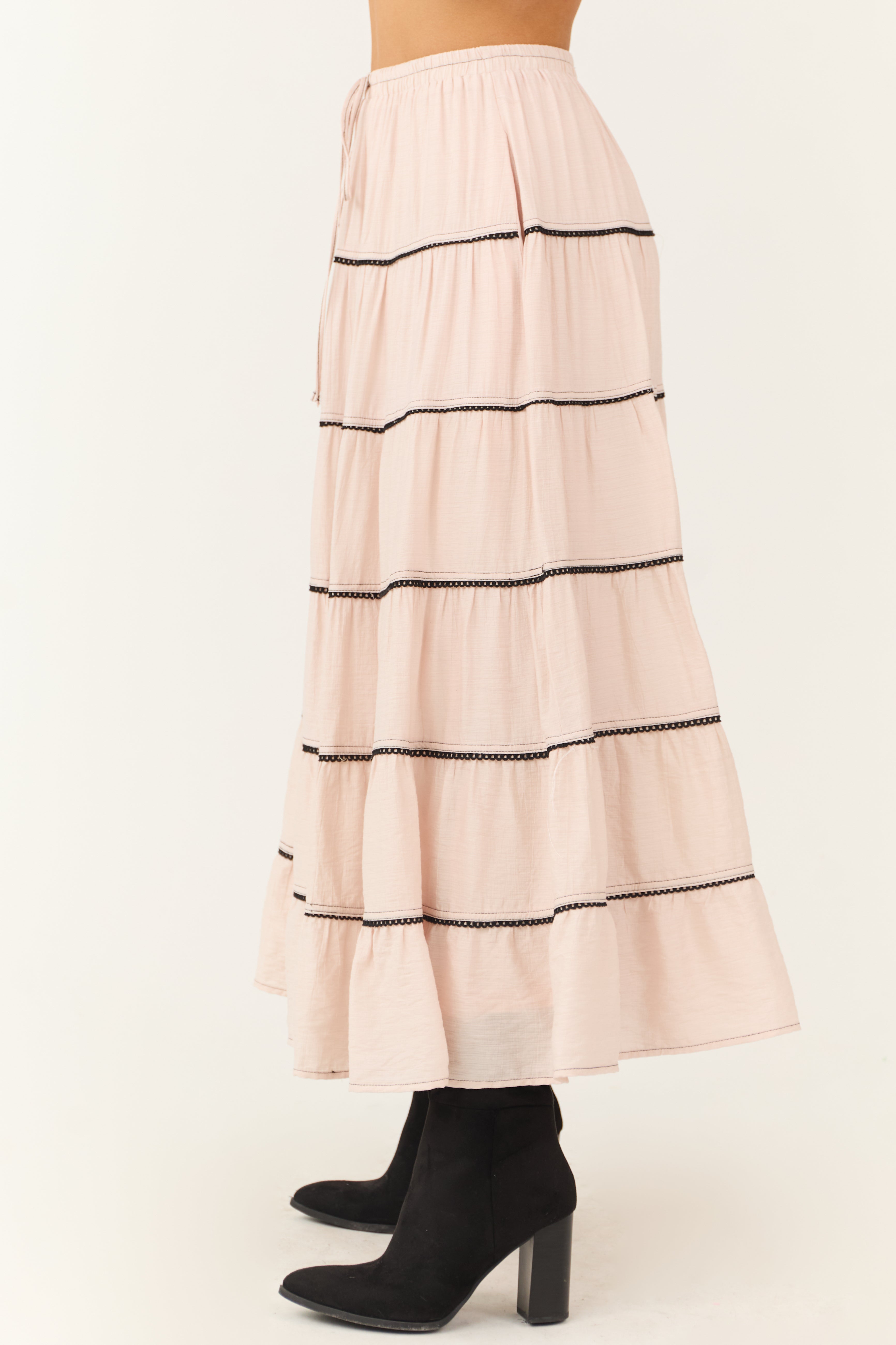 Tea Rose Contrast Tie Waist Tiered Maxi Dress