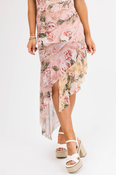 Tea Rose Floral Cowl Neck Asymmetrical Dress