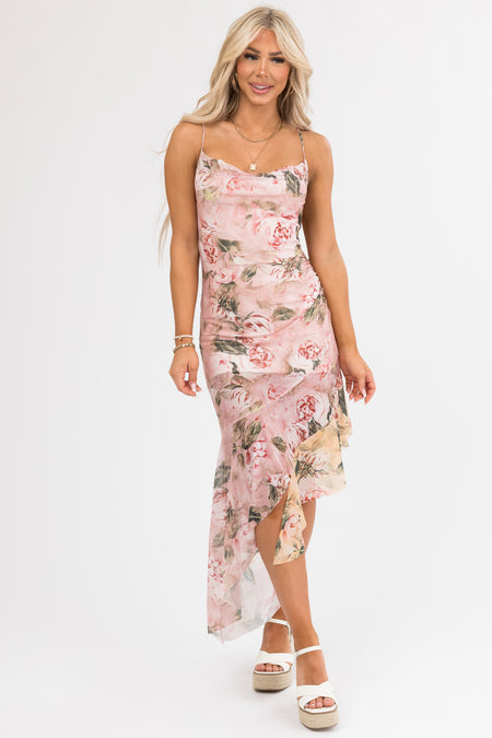 Tea Rose Floral Cowl Neck Asymmetrical Dress