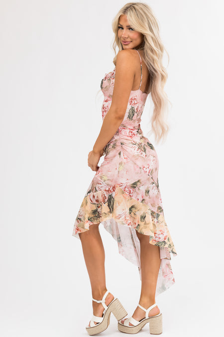 Tea Rose Floral Cowl Neck Asymmetrical Dress