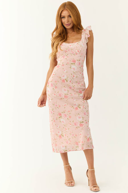 Tea Rose Floral Print Cap Sleeve Midi Dress